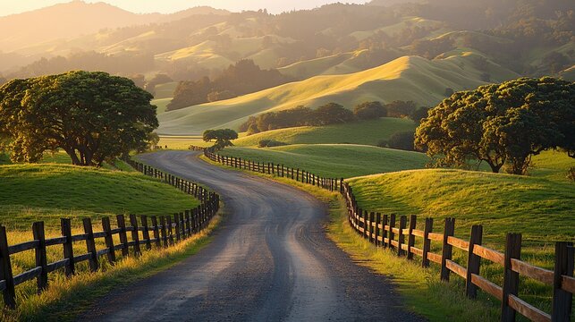 Winding country road through sunlit rolling hills and green pastures, with wooden fences.