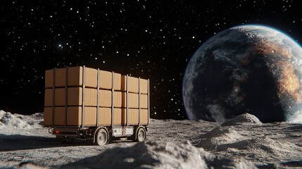 A lunar truck loaded with boxes stands on the moon's surface, with Earth visible in the distance, creating a surreal space transport scene.