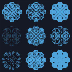 Geometric Snowflake Icons, Perfectly symmetrical designs for modern winter graphics and branding. Used for Christmas projects, and seasonal branding.