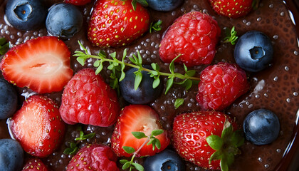 Obraz premium Homemade chocolate chia pudding topped with fresh berries and green thyme for breakfast -