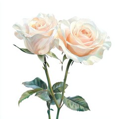 Obraz premium Delicate Watercolor Painting Of White Roses With Green Leaves, Showcasing Elegance And Natural Beauty. Perfect For Romantic Home Décor And Botanical Art Themes.