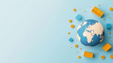 Globe surrounded by shipping containers and transport icons