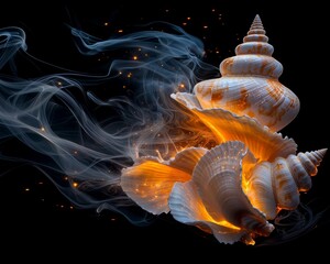 Glowing Seashells with Smoke and Sparks Abstract Nature Photography