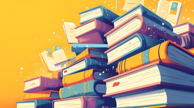 Pile of books with a colorful background, illustrated in a vibrant cartoon style, great for educational themes