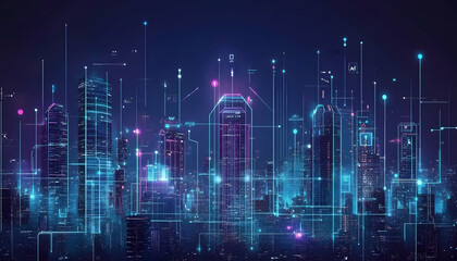 Fototapeta premium Illuminated futuristic cityscape showcasing innovative building designs and smart technology -