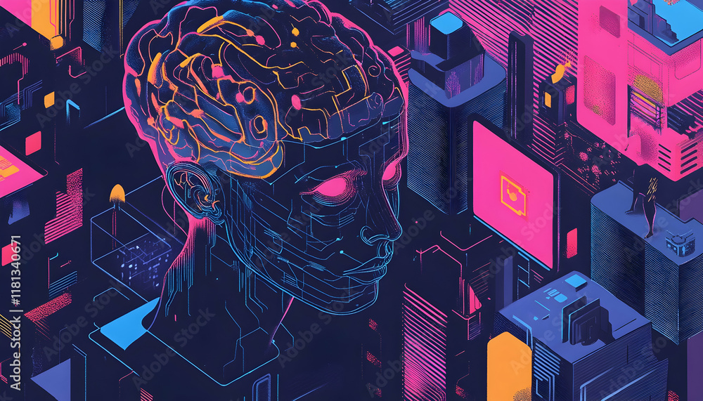 Poster illustration of advanced artificial intelligence concepts with futuristic digital elements -