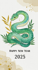 新年の挨拶、巳年、水彩イラスト、バナー、年賀状 2025