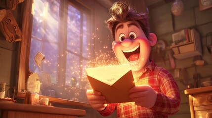 animated character holding a letter in an envelope, with the envelope glowing softly