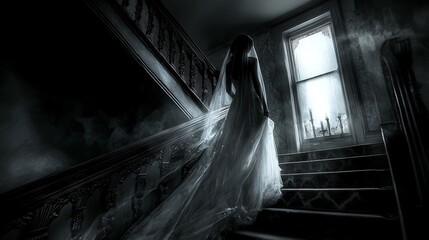 A ghostly bride ascends a grand staircase in a dimly lit, antique mansion, her flowing veil trailing behind her.
