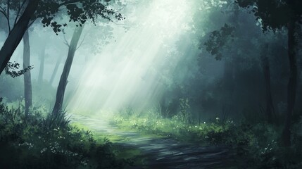 Fototapeta premium Misty Forest Path with Sunlight Filtering Through Green Trees