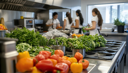 In a vibrant culinary classroom, students practice their cooking skills using fresh vegetables and produce in a lively and engaging setting  -