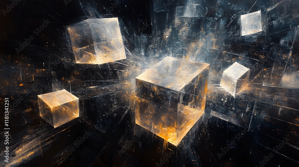 Poster abstract glowing cubes floating in dark space, vibrant illumination and dynamic movement, ideal for 