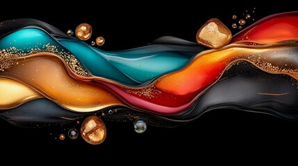 Abstract Fluid Art Swirling Teal Gold Red Black Liquid Design