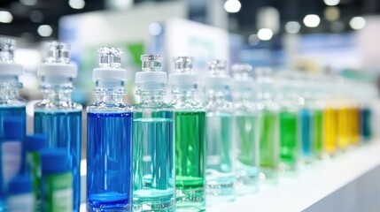 Colorful Bottles of Liquid on Display at a Trade Show Showcasing Various Tones of Blue, Green, Yellow, and Clear Solutions in a Bright Exhibition Environment