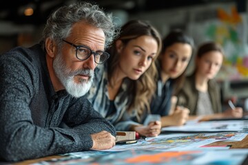 Fototapeta premium A diverse group of confident business professionals engaged in a collaborative meeting, actively participating in strategic planning. A business speaker delivering a powerful keynote address