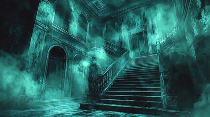 Fototapeta premium Eerie teal-toned digital painting of a grand, ghostly staircase in a decaying mansion.