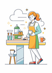 Minimalist illustration of Female barista in uniform making coffee using professional machine.