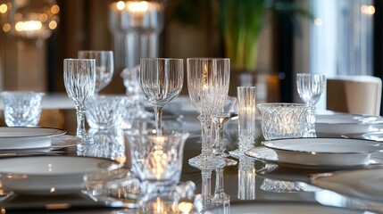Elegant glassware, plates, candlelight, table setting.