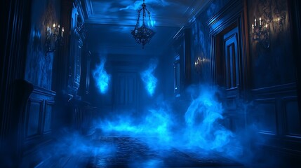 Eerie Blue Fog Envelops a Dark, Mysterious Hallway in an Old Mansion.