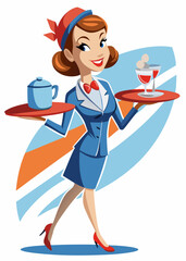 Fototapeta premium Elegant female flight attendant in uniform serving drinks to passengers. Professional airline stewardess providing in-flight service with a warm smile.