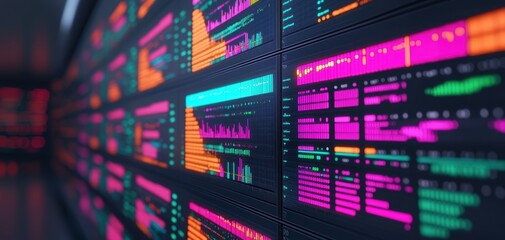 Naklejka premium A vibrant digital display showcasing data visualizations, graphs, and metrics in neon colors, reflecting modern technology and data analysis.