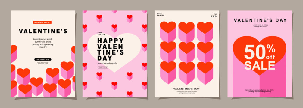 Happy Valentines Day templates for social media posts, cover, poster, banners, marketing, sales promotion and card design. Vector backgrounds, geometric style with hearts pattern.