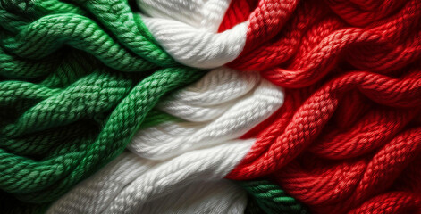 Extreme close-up of wavy fabric background with the colors of the Italian flag. Made in Italy concept. Full frame. Generative Ai.