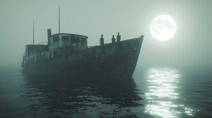 Eerie Silhouette of Figures on a Derelict Ship at Night, Bathed in Moonlight.