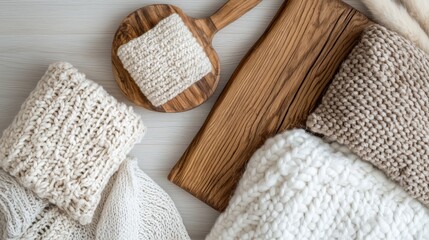 Textural Composition with Wood, Glass, and Fabric on Neutral Background