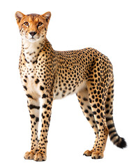 Cheetah in a standing pose displaying its distinctive spotted coat with a white background for clarity