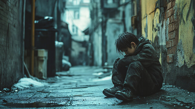 A depressed and traumatized child in the dirty street, surrounded by poverty, homelessness, and a lack of food, reflecting deep hardship.


