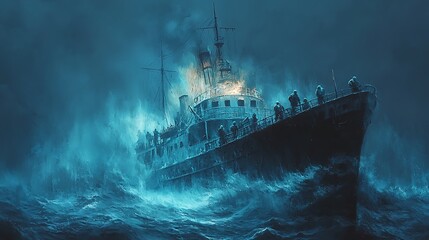A derelict ship battles a stormy sea at night, figures clinging to the deck in a desperate struggle for survival.