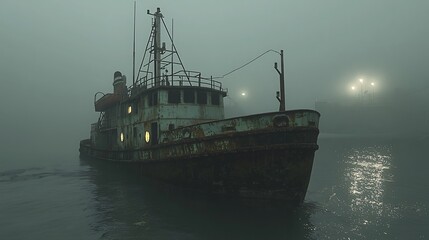 A Rusty Old Fishing Vessel in a Misty Harbor at Night.