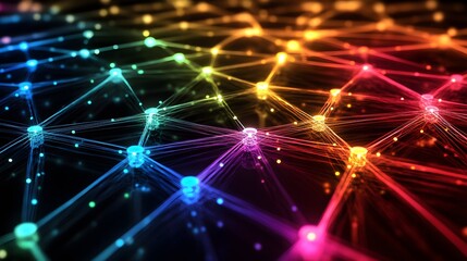 Obraz premium Colorful digital network connections, vibrant neon lights intersecting on dark background, futuristic technology theme, ideal for tech discussions.