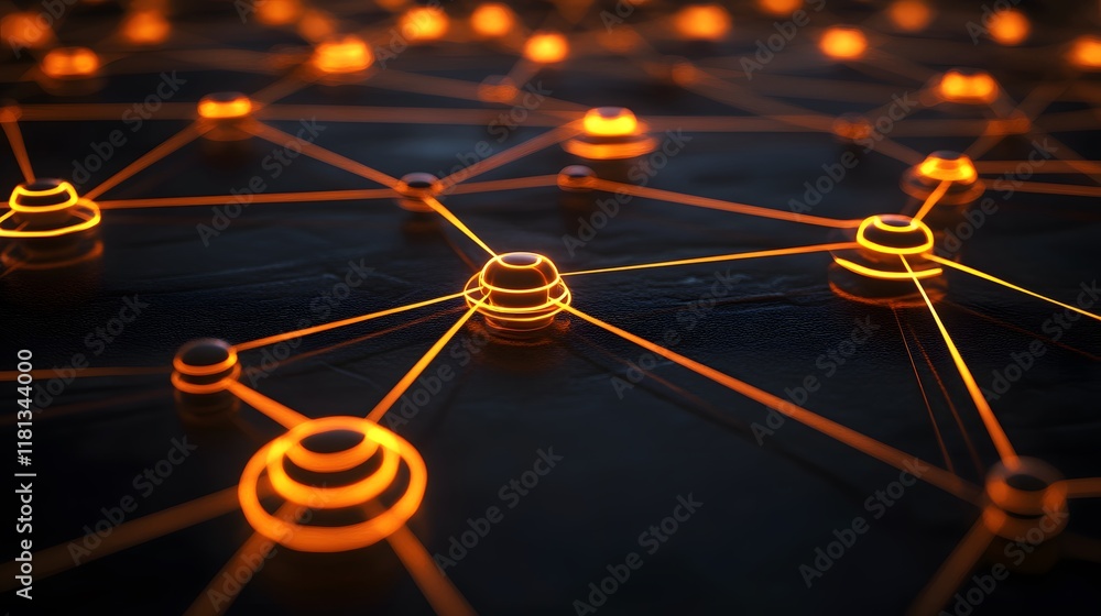 Poster digital network connection, glowing nodes on dark background representing technology, data flow, mod