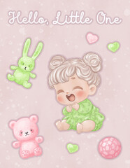 Newborn card with a cartoon image of a cute laughing baby with blond hair and soft toys (bear, bunny, hearts), decorated in pastel pink and green colors.