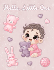 Newborn card with a cartoon image of a cute playing baby with brown eyes, dark hair and soft toys (bear, bunny, hearts), decorated in pastel pink and lilac colors.