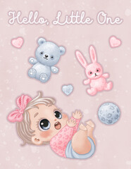 Newborn greeting card with a cartoon image of a cute playing baby with blue eyes and blond hair and soft toys (bear, bunny, hearts) decorated in pastel blue and pink colors.