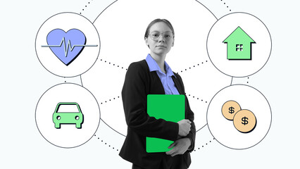 Confident woman in business suit holding green folder surrounded by icons of health, home, car, and...