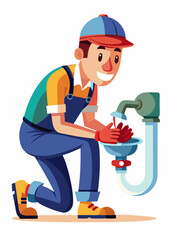 Professional plumber fixing sink pipe. Plumber Character Vector.