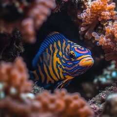 A vibrant blue and orange fish peeks through coral in a colorful underwater scene.
