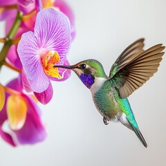 Obraz premium A vibrant hummingbird feeding on a colorful orchid flower.
