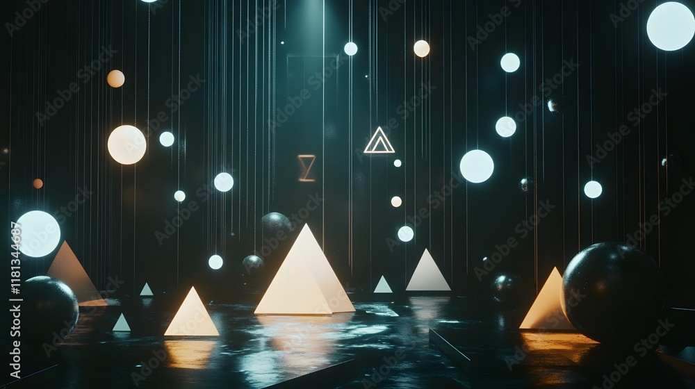 Poster abstract glowing pyramids in a serene dark environment, creates an enchanting atmosphere for creativ