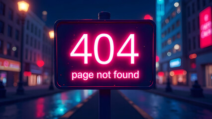 Sign with glowing neon text "404" and text "Page not found".