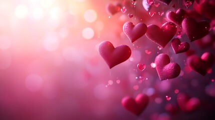 Romantic background with soft pink and red gradients featuring floating hearts and glowing light effects perfect for Valentines Day or romantic messages