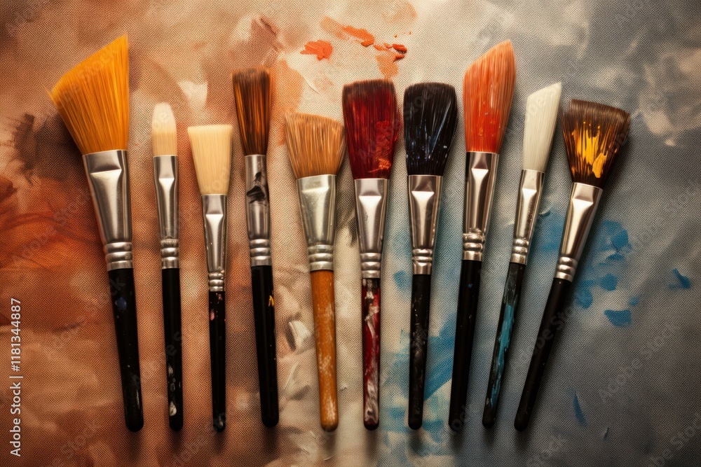 Poster set of paintbrushes lying on an artist's palette, stained with various colors, creating a colorful a