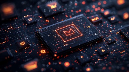 Digital mail icon glowing on a circuit board.