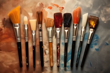 Set of paintbrushes lying on an artist's palette, stained with various colors, creating a colorful and artistic scene
