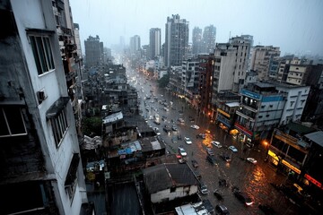 A dramatic downpour in a bustling city, with water cascading off rooftops,