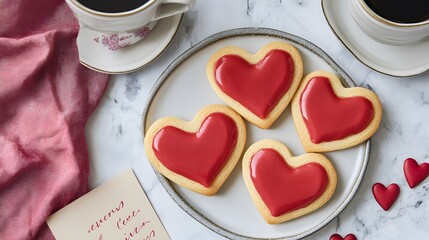 Heart cookies, Valentine's Day, marble table, coffee, romance